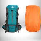 Un sac à dos de randonnée bleu sarcelle avec une housse de pluie orange.
— vue 7