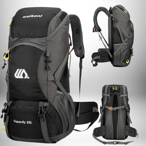 Un sac à dos noir et gris avec le mot "welkani" et un logo blanc. Le sac à dos est de format grand, avec la capacité de 50L. Il y a aussi plusieurs angles du sac à dos dans l'image.