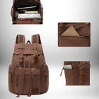 Un sac à dos en toile marron avec des détails en cuir et plusieurs poches, dont une poche principale, des poches latérales zippées et une poche intérieure. Le sac à dos est rempli de livres, d'un ordinateur portable et d'autres objets.
— vue 5