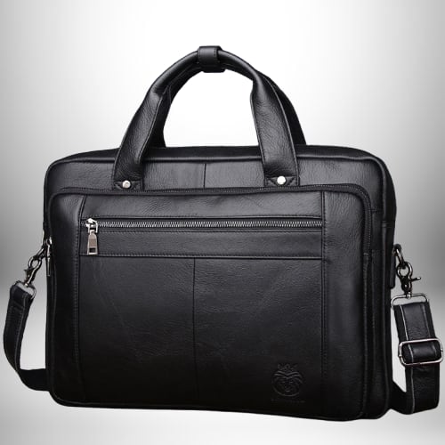 Un sac de bureau noir avec une poignée supérieure, une bandoulière et une poche avant zippée.