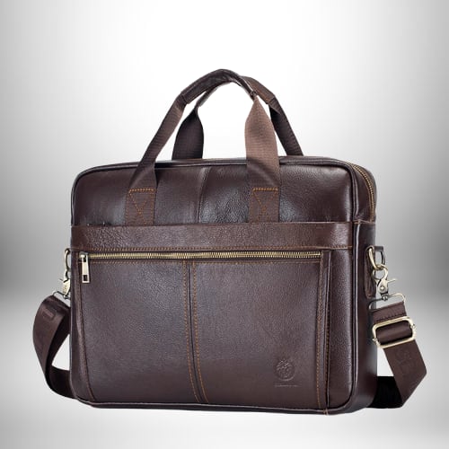 Un sac de porte-documents brun avec des poignées et une bandoulière.