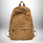 Voici une vue de face d'un sac a dos coton marron. Sur le sac à dos, il y a un logo sur une étiquette en cuir. Le sac à dos a une poche avant avec une fermeture éclair et des tirettes.
— vue 8