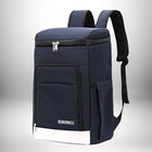 Image d'un sac à dos glacière bleu marine avec des sangles noires et une base inférieure blanche et le mot "DENUONISS" est écrit sur le devant. — vue 3