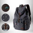 Image promotionnelle d'un sac a dos coton gris avec des détails marrons. Des cercles ajoutent des images de la poche intérieure du sac, le tissu résistant à l'eau et une image du sac attachée à une valise. — vue 7