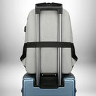 L'image montre un sac à dos avec compartiment isotherme empilé sur une valise. Le sac à dos a des bretelles et une sangle de poitrine noires et est gris clair. La valise est bleue.
— vue 4