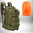 Image shows a military-style backpack with multiple compartments, along with a bright orange rain cover. It is reminiscent of a tactical or sac infirmier, suggesting durability and functionality. — vue 7