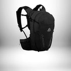 An action shot of a black backpack with a square-like stitch appearance is shown against a grey gradient background. The backpack is oriented standing with a dark grey look and "QUNERGY" is printed alongside in a vertical fashion. There's a mountain logo printed in grey as well. The backpack's straps are also black, and there are side pouches to support more storage. — vue 8