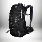 A black backpack featuring a curved design with white accents throughout. The backpack has shoulder straps, a waist belt, and multiple compartments. The brand name and model number are visible on the front. The backpack is designed for hiking and outdoor adventures. — vue 1