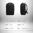 Image publicitaire d'un sac a dos semi rigide noir, avec une vue de face et une vue de profil. En bas, un tableau avec les informations : marque MARK RYDEN, modèle MR-9299, tissu Oxford, poids 1,4 kg, bretelles ajustables de 40 à 85 cm, couleur noir élégant. — vue 6