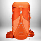 A close-up photo displays an orange hiking backpack. The backpack features multiple compartments, straps, and buckles, including a prominent chest strap and hip belt. The backpack has the word "OUTDOORS40" written on the front and a logo on the top flap, indicating the brand and model. The design is functional, with textured materials and a streamlined shape suited for outdoor adventures. — vue 7