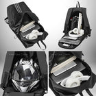 Quatre aperçus d'un sac à dos noir, dont un montre un casque dans le compartiment principal. Le sac à dos contient également des livres, des écouteurs et un ordinateur portable. Le mot clé est ""sac à dos"".
— vue 5