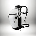 Image d'un sac à dos trail blanc et noir avec des motifs linéaires. Le sac à dos est présenté sur un fond blanc. — vue 1
