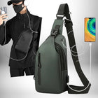 Image promotionnelle mettant en scène un sac banane homme luxe de couleur verte avec un design épuré, présenté à côté d'une personne portant un modèle identique en noir. L'image suggère des fonctionnalités telles que le chargement via USB et l'écoute de musique.
— vue 2
