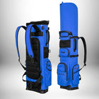 Two blue and black golf bags are displayed. The bag on the left is upright with the straps on. The bag on the right is upright with some of the clubs sticking out and the straps on. Both bags have several pockets and zippers and the words "Golf Master" is on the front of the bag on the right. — vue 4