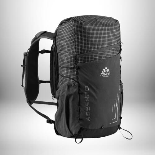 A black and white backpack featuring the word " energy" on the front.