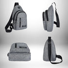 Vue en quatre angles d'un sac de sport bandoulière gris. Le sac est vu en perspective de face, de côté, du bas et de l'arrière. Il a une sangle noire et une poche zippée sur le devant avec l'inscription "Fashion".
— vue 2