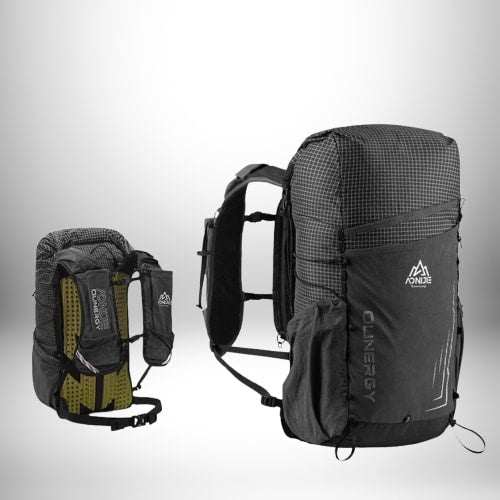 Two backpacks are pictured, one on the left and one on the right. The one on the left is smaller with a green section. Both backpacks are tall and thin, likely for hiking or running.  They appear to be lightweight, designed for the outdoors. "Backpack" is the keyword.