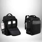 Deux sacs à dos noirs, l'un ouvert pour révéler un compartiment pour téléphone et bouteille d'eau. — vue 3