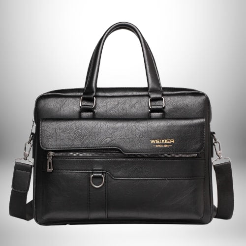 Un sac de porte-documents en cuir noir avec les poignées supérieures et une sangle d'épaule amovible. Le sac est gravé "WEIXIER" sur le devant.