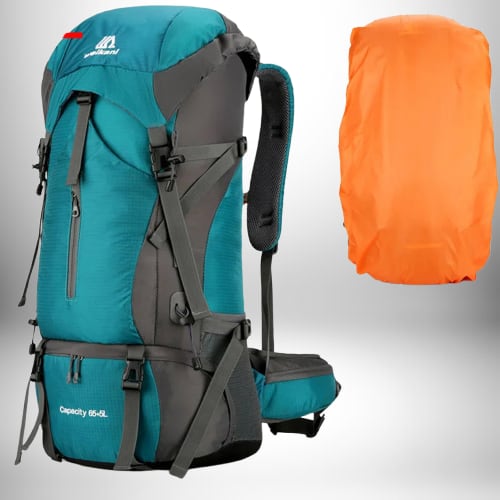 Une image d'un sac à dos bleu sarcelle avec un sac à dos orange séparé dans le coin supérieur droit. Le sac à dos bleu sarcelle a une capacité de 65-80L.