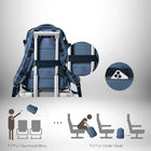 Une image promotionnelle pour un sac à dos de voyage. Sur fond gris clair, elle présente le sac à dos fixé à un chariot à bagages de type valise. Des grossissements montrent la poche arrière et une zone où le sac à dos peut être fixé sur la poignée télescopique d'une valise. Des graphiques montrent le sac à dos dans les coffres à bagages supérieurs et sous les sièges dans l'avion.
 — vue 4