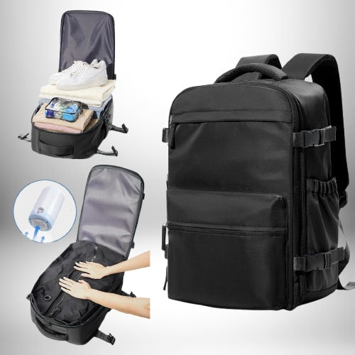 Image d'un sac à dos de voyage noir, avec des images supplémentaires démontrant des compartiments à l'intérieur. Sur l'image de gauche, un sac à dos est ouvert et rempli de vêtements empilés et d'une paire de chaussures. En dessous se trouve une image qui suggère que le sac à dos est équipé d'un appareil qui peut vider l'air du compartiment principal. Le sac à dos lui-même est de couleur noire et semble être une version stylisée du bagage a main easy jet.
