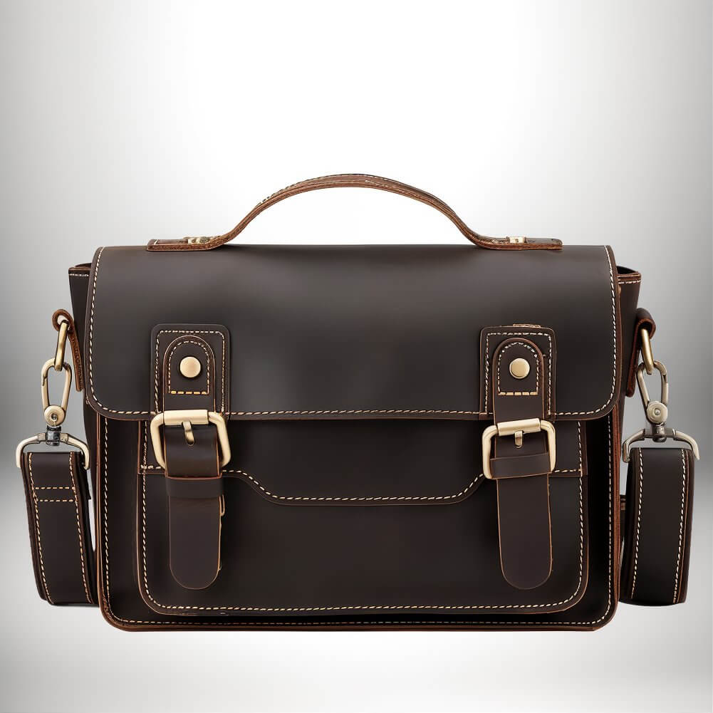 Un cartable homme moderne en cuir marron foncé, avec une poignée supérieure et une bandoulière amovible.