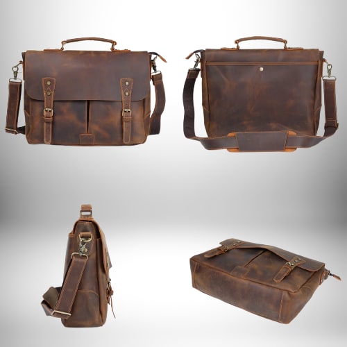 Différentes vues d'un cartable prof en cuir marron avec une bandoulière et des détails de boucles.
