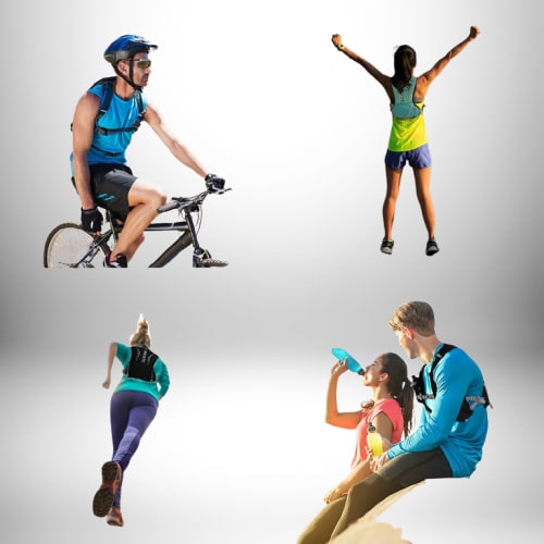 Plusieurs personnes faisant de l'exercice en extérieur, portant un sac à dos gourde, il y a un cycliste, un coureur et un couple se reposant.