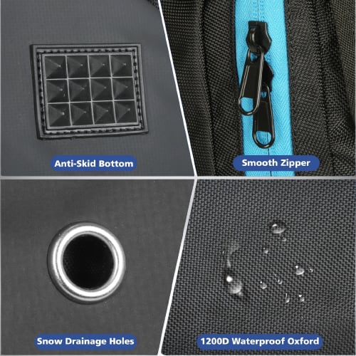 Quatre gros plans d'un sac à dos snowboard  avec des légendes : "Fond antidérapant", "Fermeture éclair lisse", "Trous de drainage de la neige" et "Oxford imperméable 1200D".
