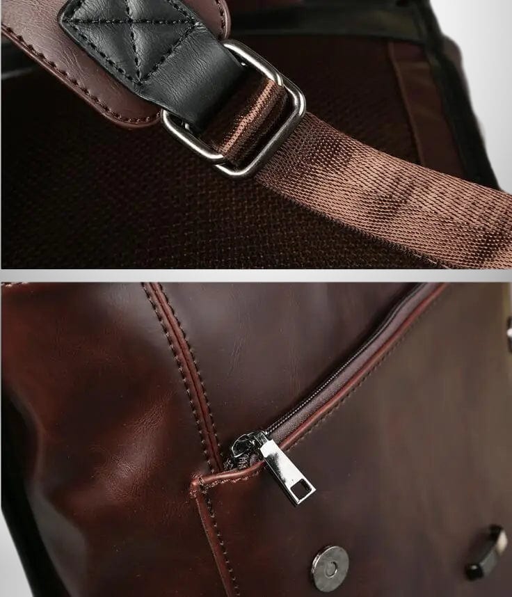 Détail d'un sac à dos urbain homme,sac à dos urbain : on aperçoit des sangles, des coutures et une fermeture éclair.