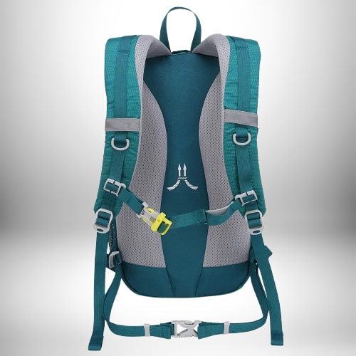 Vue arrière d'un sac à dos avec une sangle de poitrine, une ceinture abdominale et une dorsale respirante.