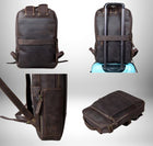 Un sac à dos en cuir marron foncé est présenté sous différents angles. Il y a une vue de face, une vue arrière fixée à une valise bleue, une vue latérale et une vue de dessus. Le sac à dos est de style vintage avec des accents de couture et des fermetures éclair visibles. — vue 5