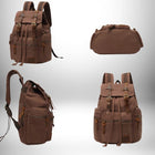 Quatre images d'un sac à dos marron de style vintage, présentant différentes vues du sac. — vue 4
