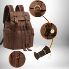 Un sac à dos marron en toile avec des détails en cuir marron est présenté avec des gros plans sur le dessus, les boucles, les sangles et les fermetures à glissière.
 — vue 6
