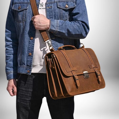 Un homme porte un cartable enseignant homme en cuir marron. Il porte une veste en jean bleue sur un sweat à capuche blanc et un jean noir.