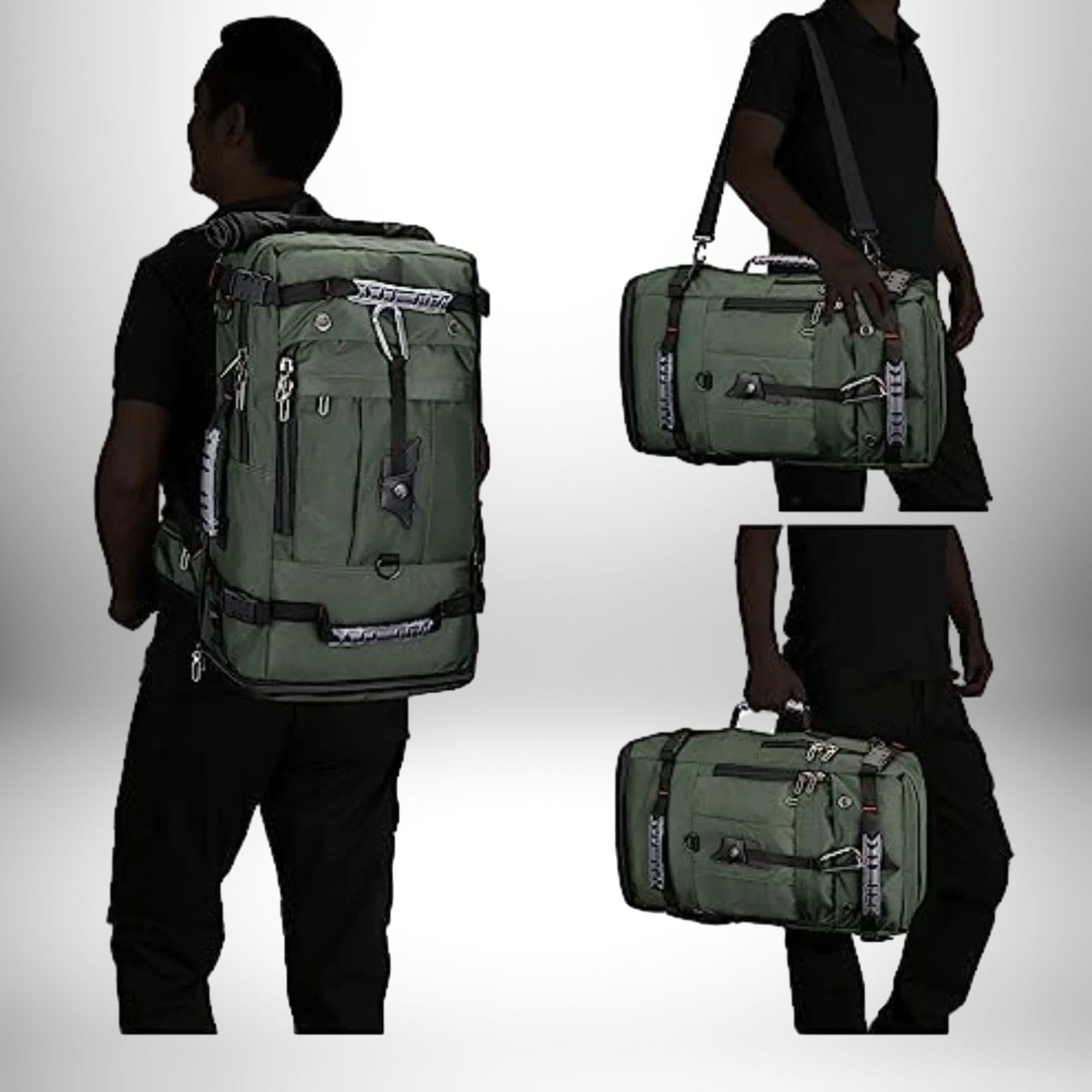 Plusieurs images montrant un sac a dos convertible,sac à dos convertible,sac convertible sac à dos,sac convertible. Sur la première image, le sac est porté comme un sac à dos. Les autres images montrent le sac porté comme un sac de sport avec une bandoulière, et aussi comme un sac de sport avec une poignée.