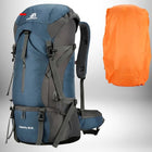 Un sac à dos de randonnée bleu avec un compartiment inférieur et une housse de pluie orange.
 — vue 8