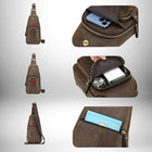 Plusieurs vues d'un petit sac bandoulière cuir marron. On peut voir le sac entier, ainsi que des gros plans sur les poches ouvertes contenant un téléphone, une montre, un chargeur et un petit livre. — vue 6