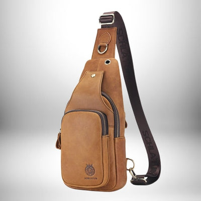Un petit sac bandoulière cuir, en cuir marron, avec plusieurs compartiments et une bandoulière marquée "SCHLATUM".
