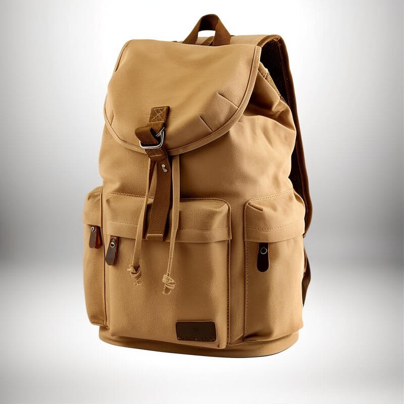 Image d'un sac a dos coton beige avec pochettes et fermetures. Le sac est posé contre un arrière plan dégradé du blanc au gris.
