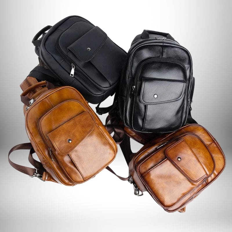 Plusieurs mini sac à dos homme cuir de différentes couleurs sont présentés en gros plan sur un fond dégradé.