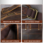 Images en gros plan des détails d'un sac en cuir marron foncé. Une image montre une fermeture éclair en métal lisse, une autre montre une sangle réglable, une autre montre des sangles larges et douces et la dernière montre un renforcement par rivets. — vue 5