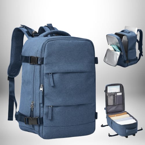 Sac à dos bleu avec plusieurs compartiments et poches, présenté avec un aperçu des compartiments ouverts.
