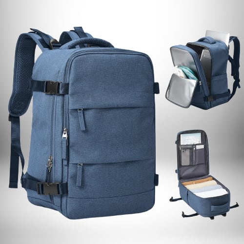Un sac à dos bleu avec plusieurs poches zippées et boucles, avec des images des poches ouvertes pour montrer l'intérieur.