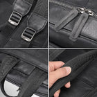 Quatre perspectives différentes d'un sac à dos en cuir noir regroupées formant un seul carré. Haut gauche : gros plan sur l'attache de cuir et les boucles argentées. Haut droit : plan rapproché des tirettes à fermeture éclair de couture noire avec des tirettes en cuir. Bas gauche : côté d'une bretelle noire, avec un coin d'un autre sac de cuir visible. Bas droit : gros plan d'une main tenant une bretelle noire. — vue 4