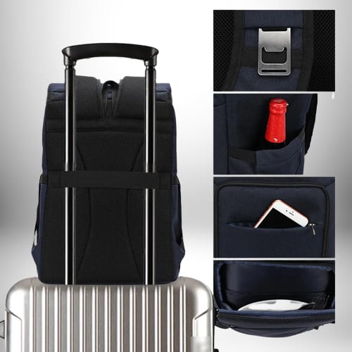 Un sac à dos noir avec des détails bleus est fixé à une valise. Le sac à dos est monté sur une barre de bagages chromée et a des onglets des deux côtés. Il y a quatre compositions de détails du sac à dos qui montrent diverses caractéristiques, notamment un décapsuleur intégré et des poches comprenant une bouteille, un téléphone et un ustensile de table.