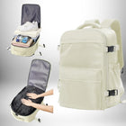 Image d'un sac à dos beige avec plusieurs compartiments, probablement un **bagage a main easy jet**.  Des exemples de contenu sont montrés à l'intérieur.
 — vue 3