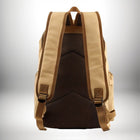 Vue arrière d'un sac a dos coton beige avec des bordures et des bretelles marron. Le dos est en tissu mesh noir pour la respirabilité. — vue 3