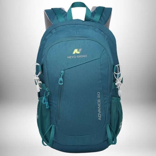 A teal Nevo Rhino Advance 20 backpack. The backpack is in a front-facing view, and the main compartment has a zipper. There are two side pockets and attachments for hiking poles. The Nevo Rhino logo is at the top of the backpack.